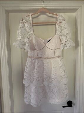 Bardot White Lace Puff Sleeve Tiered Mini Dress